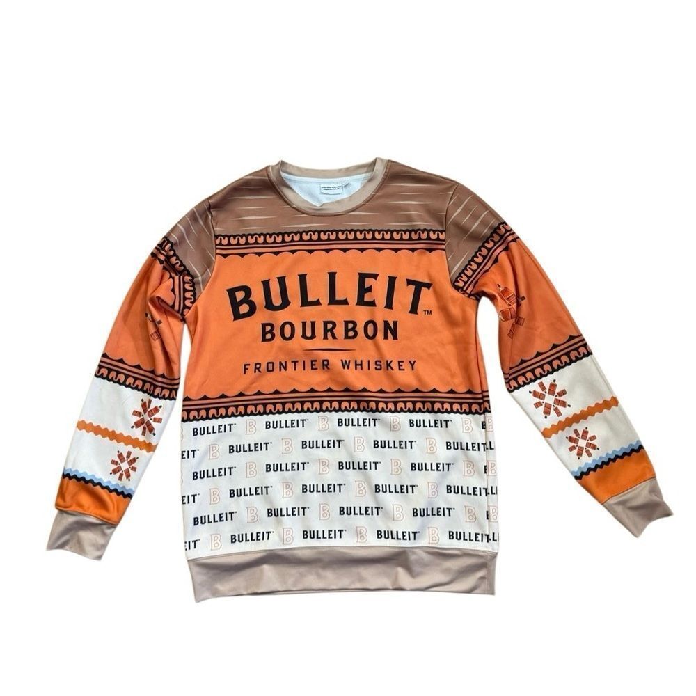 Bulleit Bourbon Holiday Ugly Crewneck Sweater Orange & Tan - Size Small